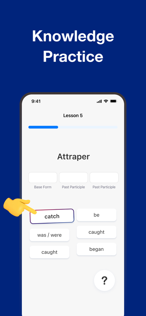 English Verbs: Learn Grammar - Una interfaz de aplicación móvil que muestra un ejercicio de gramática para verbos irregulares en inglés con traducción al francés.