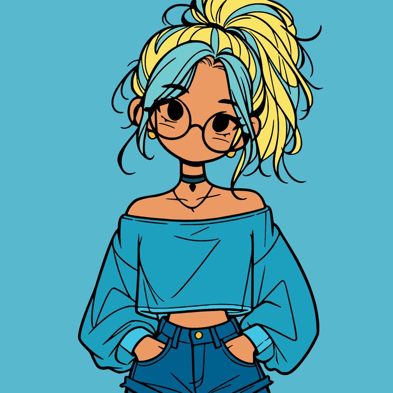 girl with a messy ponytail glasses a baggy crop top and jean shorts