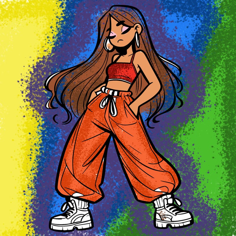 girl in baggy pants crop top and long hair