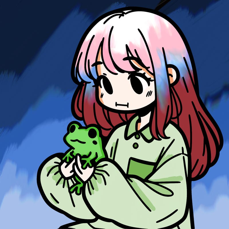 girl with long hair and a oversized shirt. and she is holding a frog