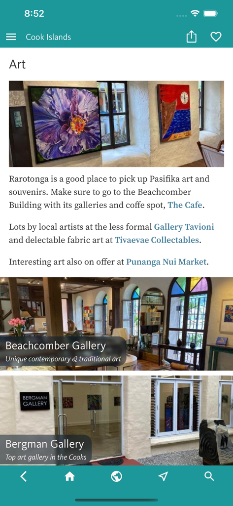 Uma tela de aplicativo de viagem mostrando a seção de Arte com informações e fotos de galerias em Rarotonga.