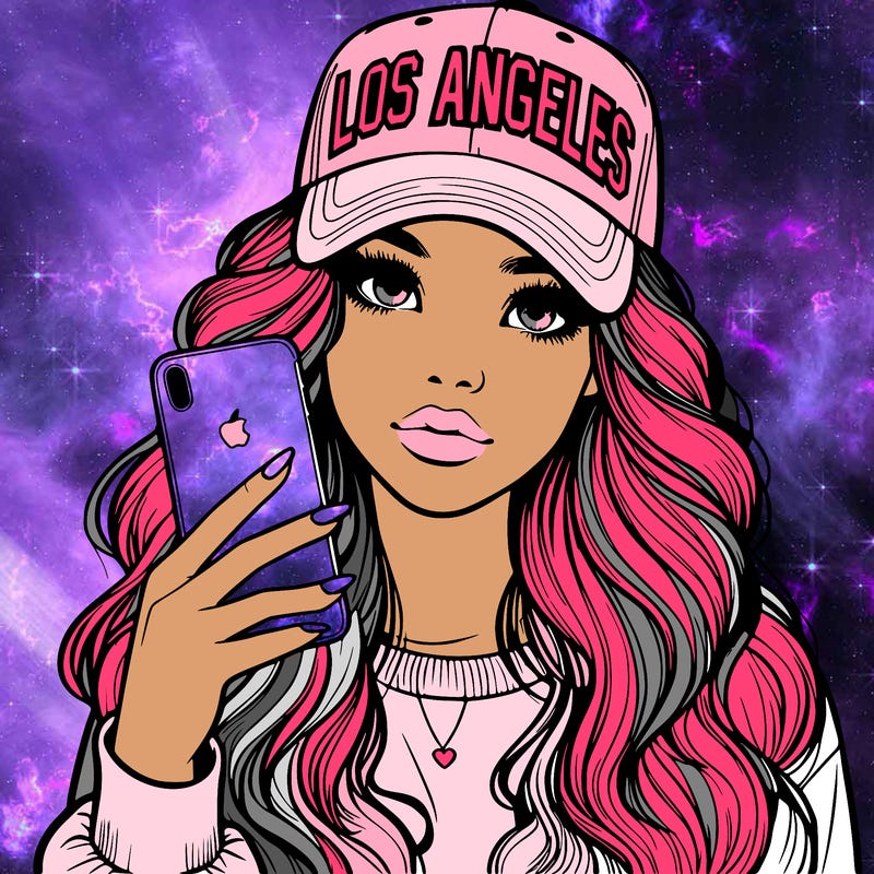 realistic beautiful girl wearing los ángeles cap holding an iphone