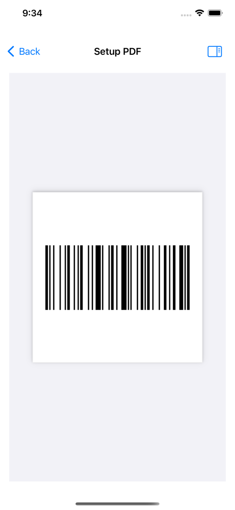 Prévia de um código de barras Code 128 gerado na tela de configuração de PDF