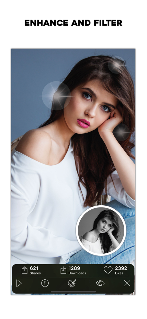 Kappboom - Cool Wallpapers - Photo editing screen in the Kappboom app showing a portrait with filters and lens flare effects.