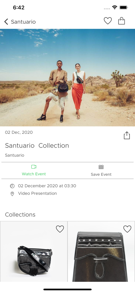 Interface of the Runway Buy app showing a fashion collection event with options to watch a live video and shop items.