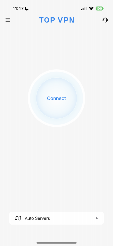 TOP VPN - Easy Fast Secure - La pantalla principal simple de TOP VPN con un botón central grande para conectar instantáneamente