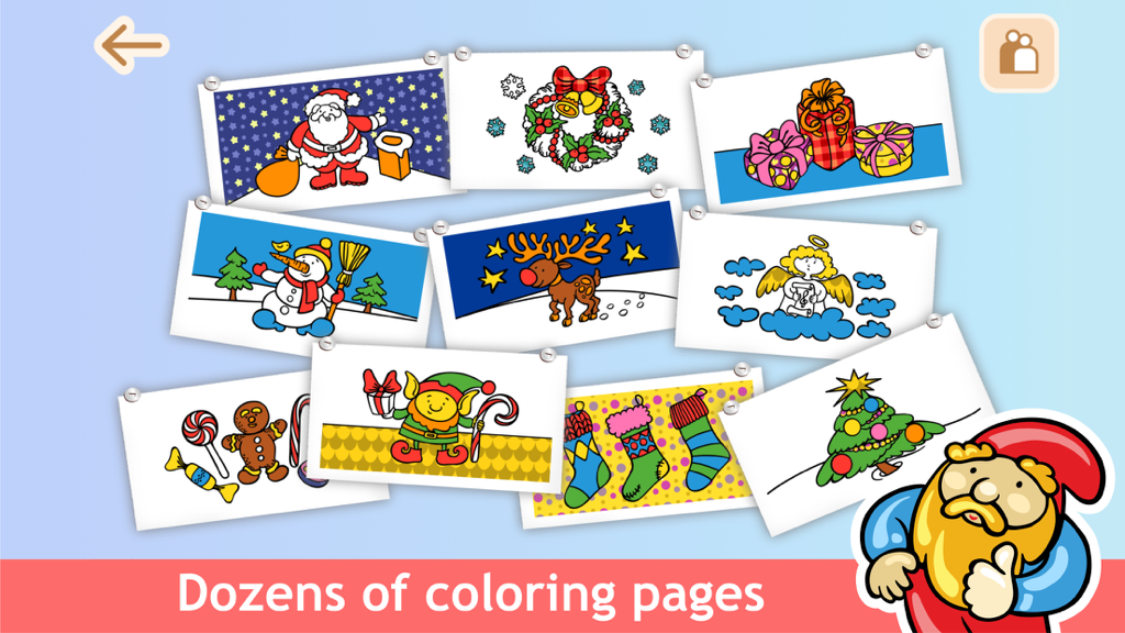 Joyful Color Book - Fun Game - Christmas themed coloring pages for toddlers featuring Santa a reindeer and holiday decorations in the Joyful Color Book app