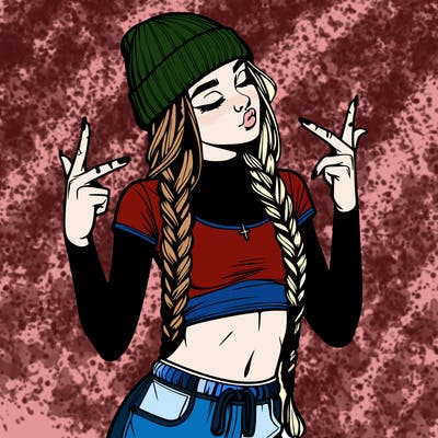 realistic teenage girl with braids and a beanie and crop top doing 🫶🏼