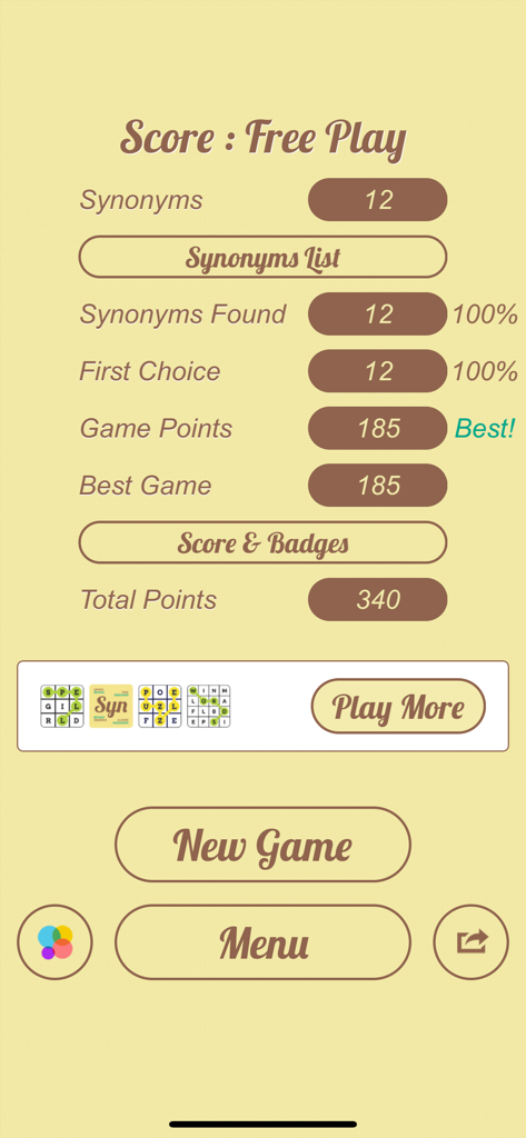 게임 통계 및 점수 요약을 표시하는 Synonyms Quiz 모바일 앱 결과 화면입니다.
