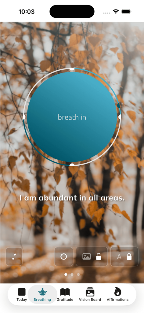 My Wellbeing: Gratitude App - Una pantalla de ejercicio de respiración con una guía circular y una afirmación positiva sobre un fondo de naturaleza otoñal.