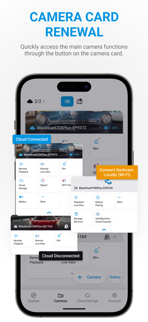 Painel da aplicação BlackVue apresentando cartões de câmara com acesso rápido à visualização remota em direto e funções de armazenamento na nuvem