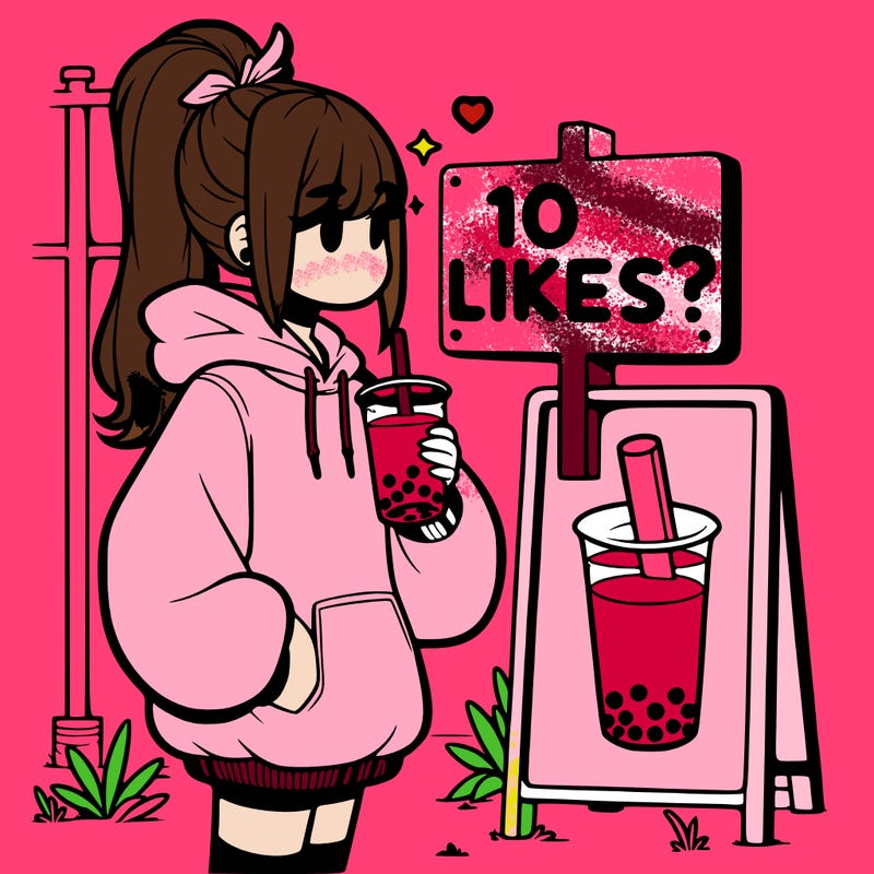 girl with oversized hoodie drinking boba and she has a high ponytail with a sign that says 10likes?