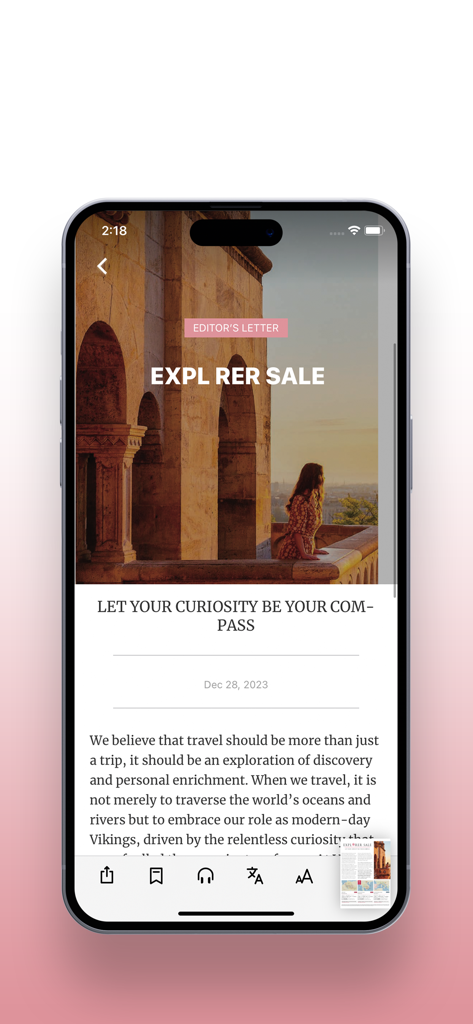The Australian Women's Weekly - オーストラリアン・ウィメンズ・ウィークリーのアプリ内の、旅行ストーリーを特集したエディトリアルページ。
