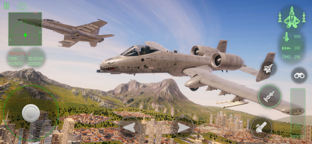 An A-10 Warthog fighter jet flying over a city and mountains in a combat flight simulator.