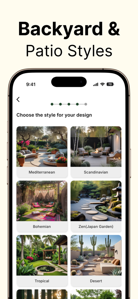 Une interface mobile affichant divers styles de conception de paysage, y compris méditerranéen, scandinave, bohème, zen, tropical et désertique