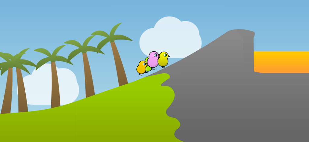 Three small ducks running up a slope in a tropical level
