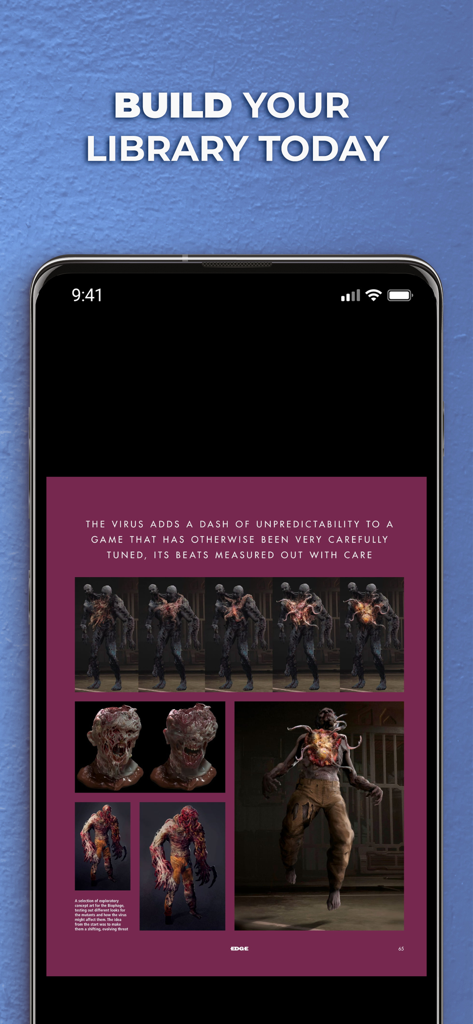 Página de edición digital de la revista Edge que muestra arte conceptual de personajes de videojuegos