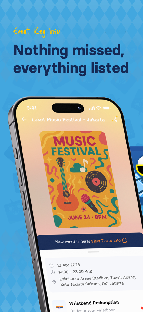 LOKET X - Una pantalla móvil que muestra información detallada del evento y una entrada digital de festival de música dentro de la interfaz de la aplicación LOKET X.