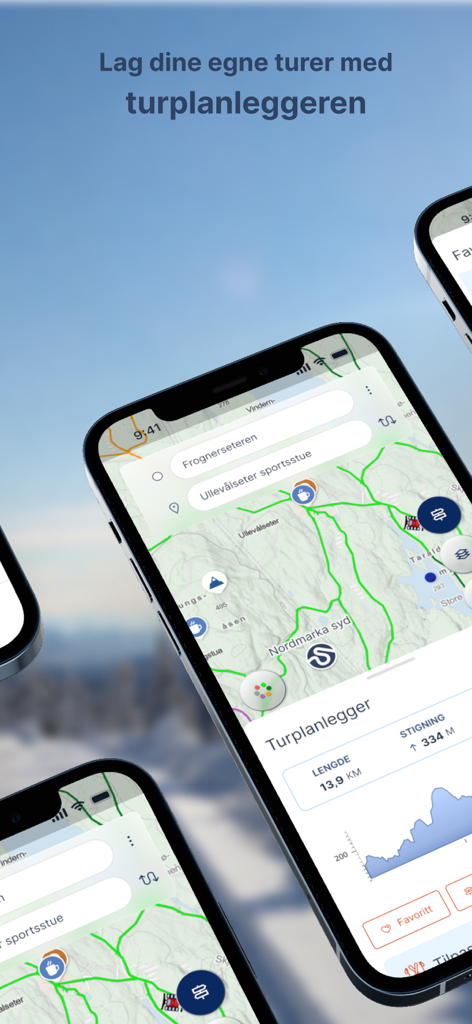 Sporet - Mobile phone displaying the Sporet app ski trip planner with a map and elevation graph