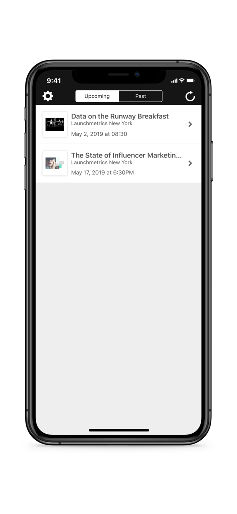 Events by Launchmetrics - iPhone screen showing the upcoming events dashboard in the Launchmetrics Events app for PR professionals.