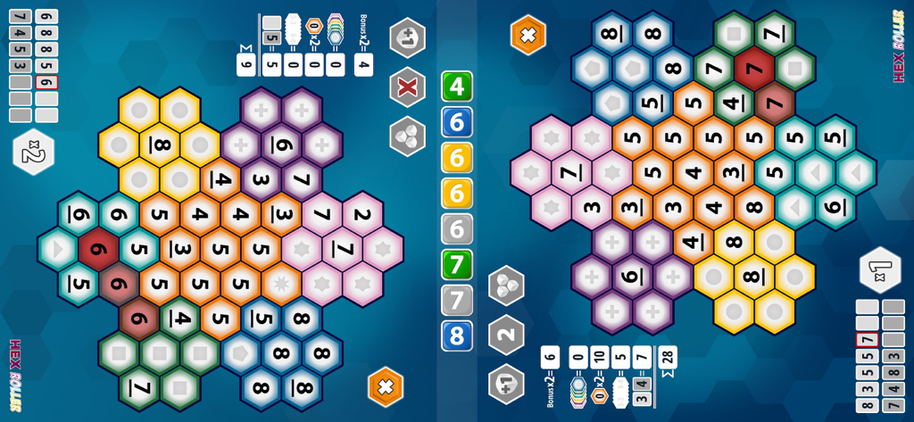 HexRoller - Side-by-side hex grids and digital score pads in the duo mode of the HexRoller mobile game.