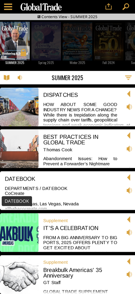 Global Trade Magazine - Global Trade Magazine app showing contents and articles for Summer 2025