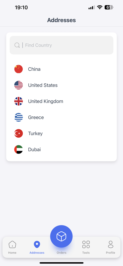 SpaceCargo App - SpaceCargo app screen showing a list of international shipping address hubs including China USA and UK
