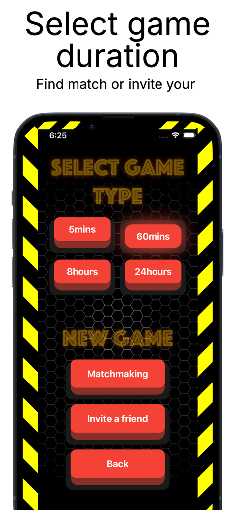 Click Defeat: Red Button Duels - Click Defeat app screen for selecting game duration and matchmaking