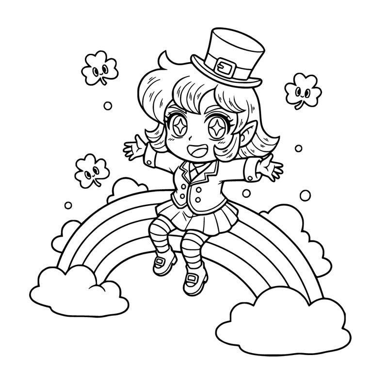 a girl leprechaun that’s sitting on a rainbow  chibi