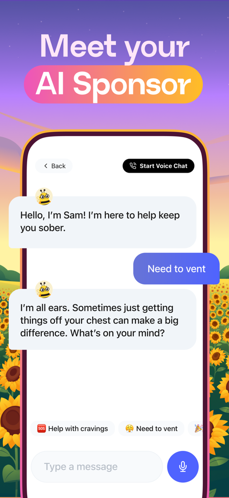 Interface of the Sunflower app showing a chat conversation with an AI sponsor named Sam for sobriety support