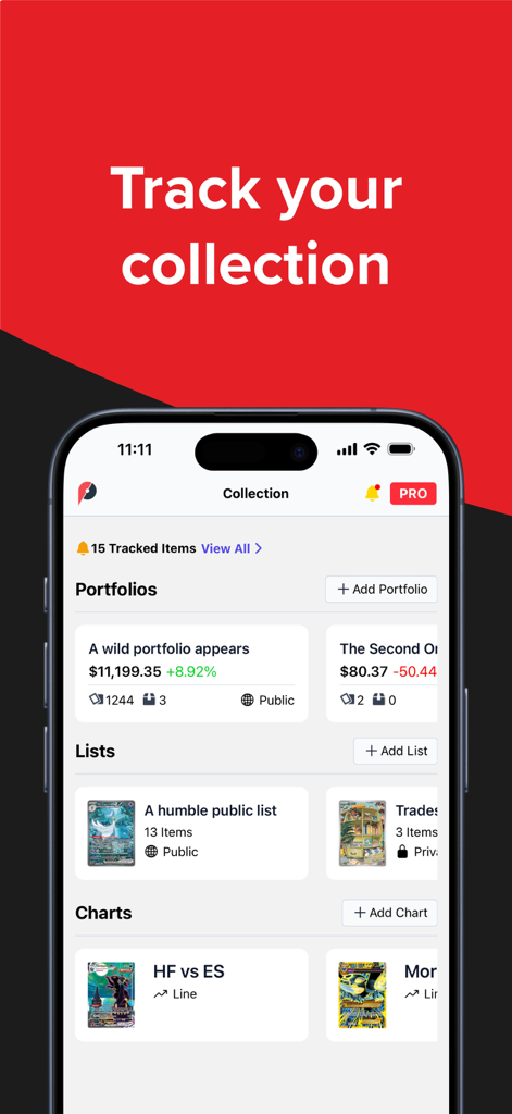 Pokedata app interface for tracking pokemon card collection portfolios and market values