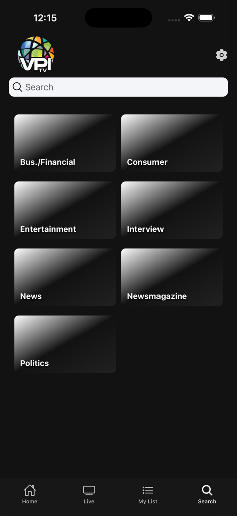 Pantalla de búsqueda de la app VPI TV con categorías de noticias y política.