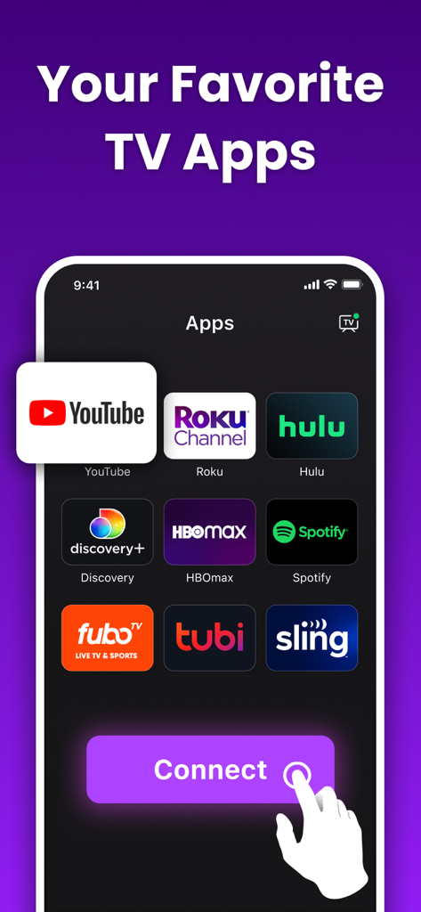 Interfaz de la aplicación de control remoto Smart TV que muestra una lista de iconos de servicios de streaming como YouTube y Hulu con un botón de conexión