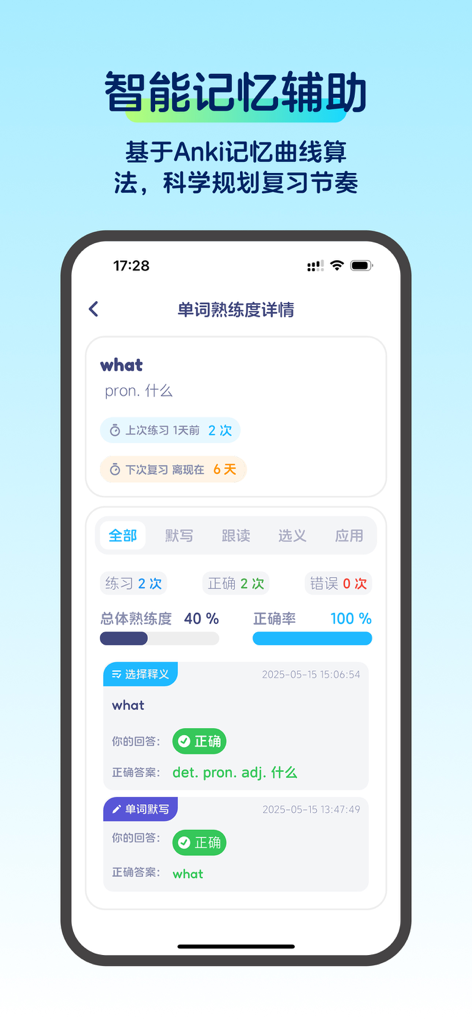 A mobile application screen showing detailed English word mastery statistics and a review schedule based on the Anki algorithm.