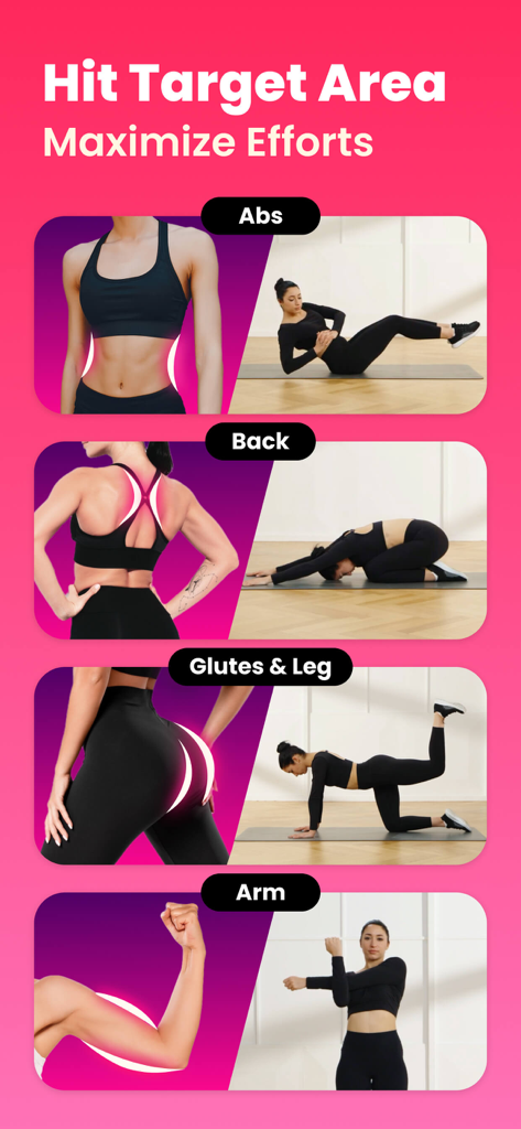 Workout for Women: Fit at Home - Pantalla de la aplicación que muestra ejercicios dirigidos para áreas del cuerpo como abdominales, espalda, glúteos, piernas y brazos