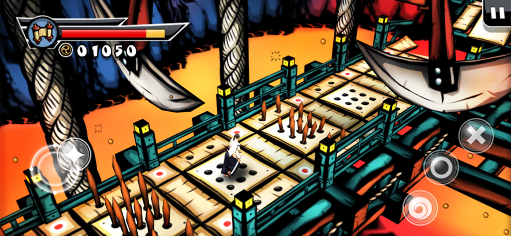 Samurai 2: Vengeance - A samurai character navigates a bridge with floor spikes and swinging blade traps in a stylized manga art style