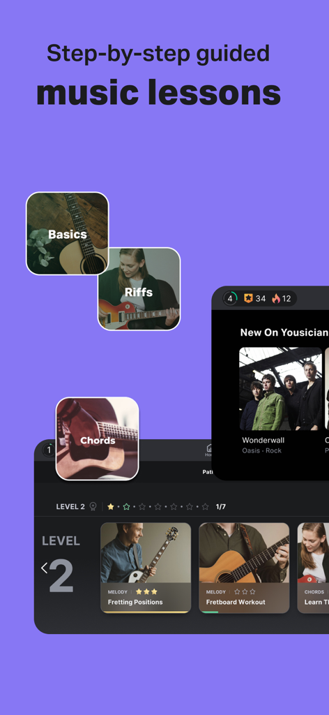 Yousician: Learn & Play Guitar - Yousician app interface showing guided music lessons for guitar basics riffs and chords