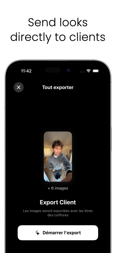 AI Haircuts Pro - Salon Tool - AI Haircuts Pro app screen showing the professional client export feature to share hairstyle previews directly with customers.