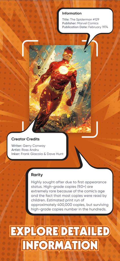 Comic Book Value Scanner X - モバイルアプリのインターフェースに、スキャンされたコミックブックの詳細な希少性、クリエイタークレジット、出版情報が表示されています