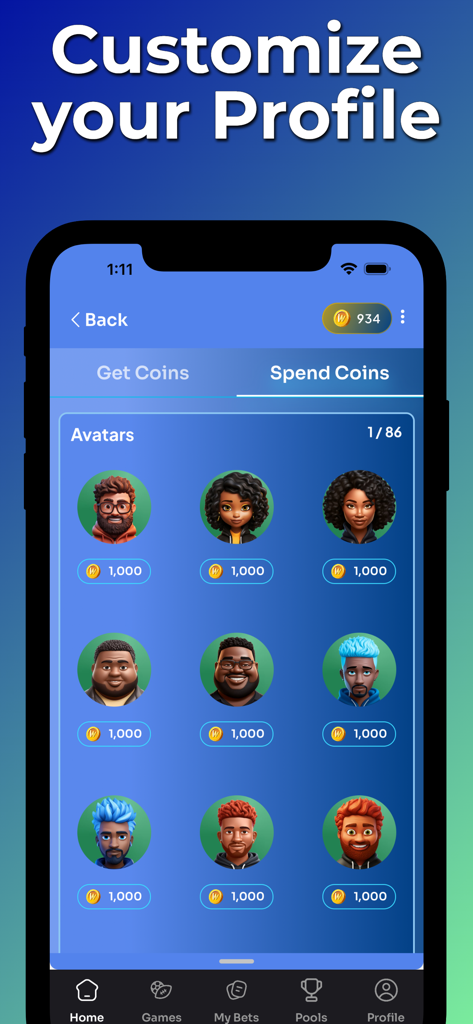 WagerLab - Place & Track Bets - A mobile app screen for WagerLab showing a selection of 3D character avatars for user profile customization using virtual coins