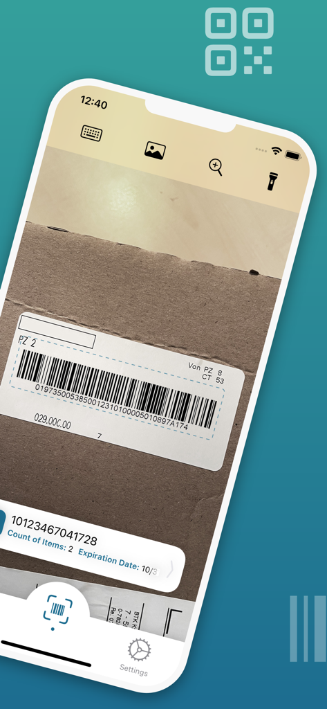 iPhone interface of Pretty GS1 Barcode Scanner scanning a GS1 barcode on a cardboard box