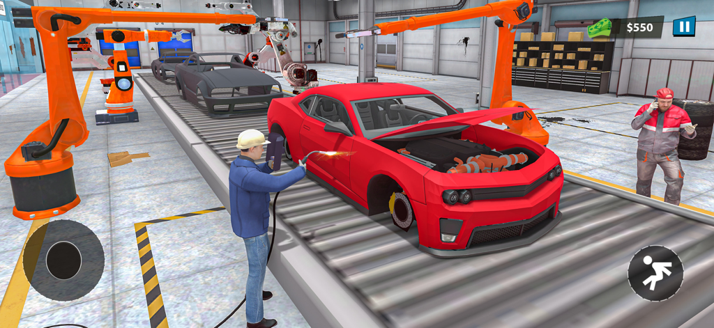 Car Building Company Games - A car factory assembly line with robotic arms and a worker welding a red car.