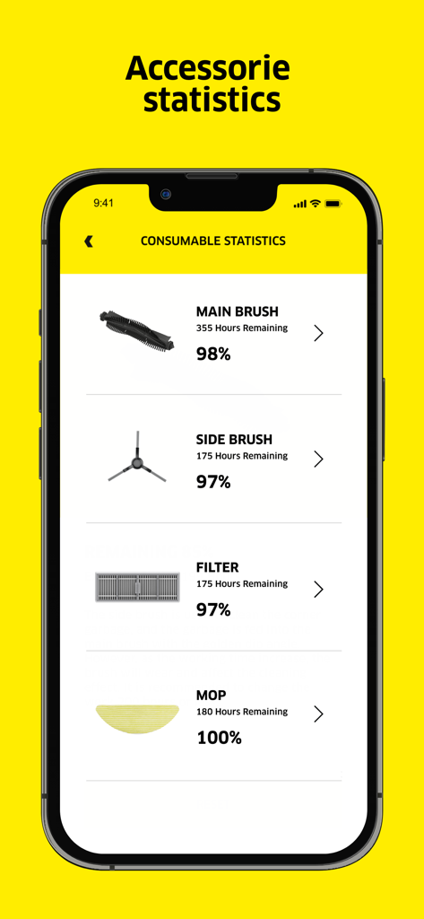 Maintenance screen of the Karcher Home Robots app showing brush and filter life remaining