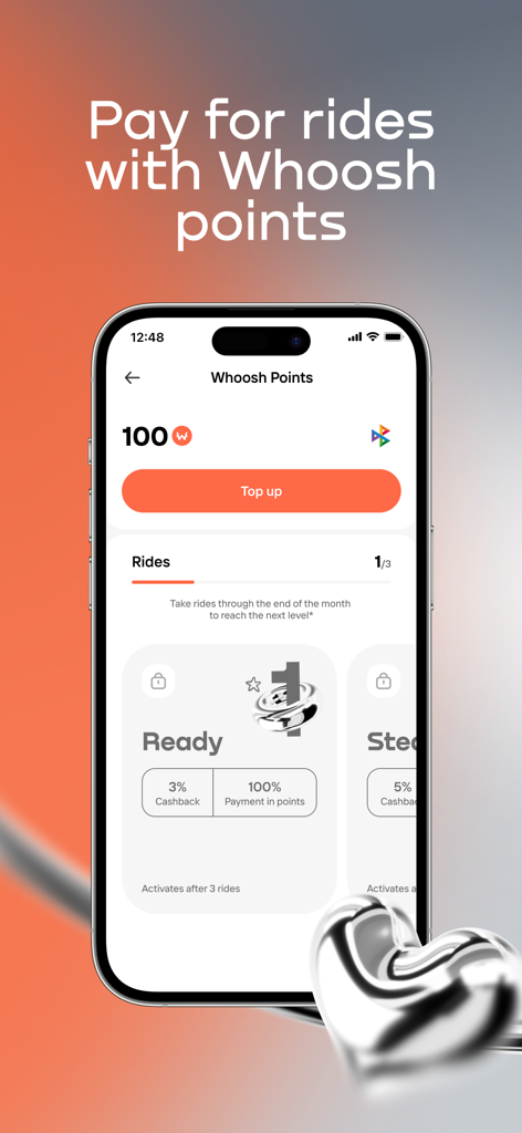 Whoosh app interface showing loyalty points and rewards for e-scooter rides.
