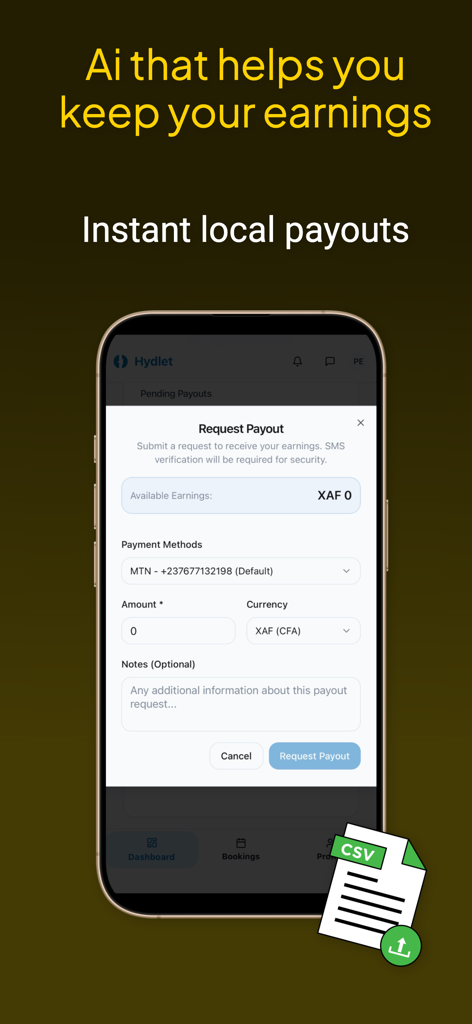 Hydlet - Pantalla de la aplicación móvil Hydlet para que los anfitriones soliciten pagos locales instantáneos de sus ganancias