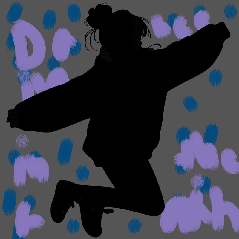 realistic girl jumping with a bun and oversized sweatshirt