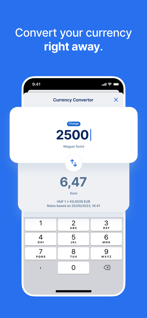 George Magyarország - Interface du convertisseur de devises de l'application bancaire George affichant la conversion du Forint vers l'Euro