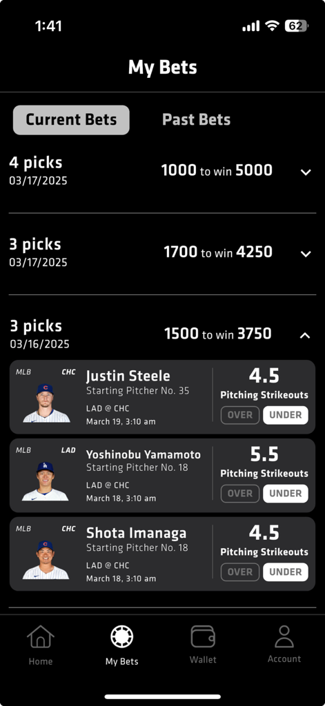 GameOn Fantasy - GameOn Fantasy app interface displaying current parlay bets and MLB player predictions.