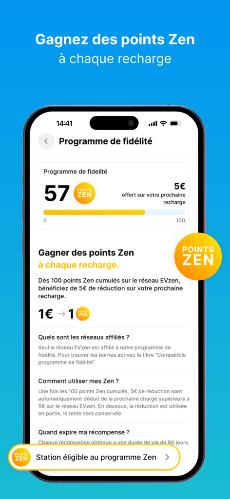 EVzen Charge - EVzen Charge app loyalty rewards screen showing Zen points balance.