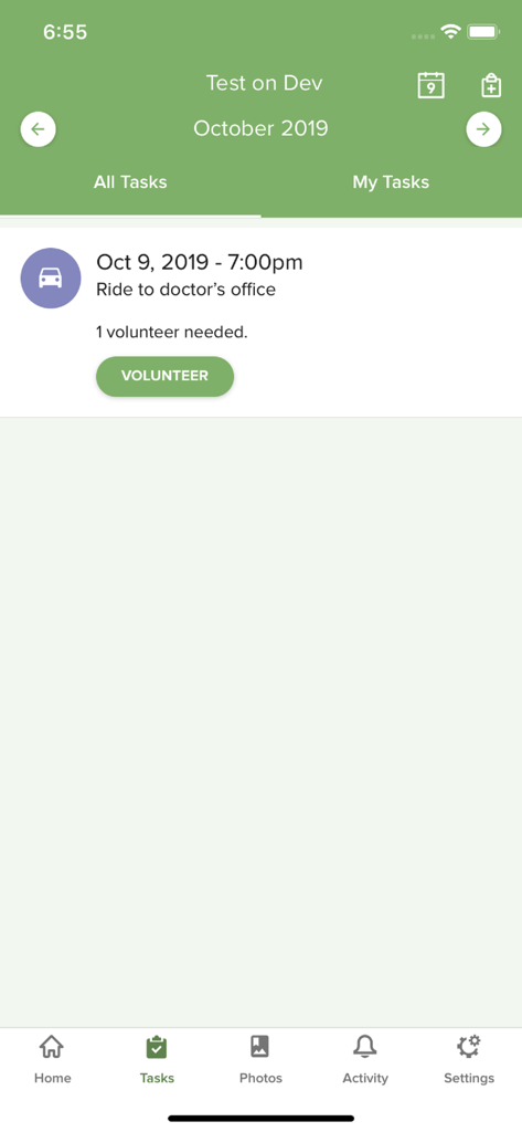 Lotsa Helping Hands app screen showing a task request for a ride to a doctors office with a volunteer button